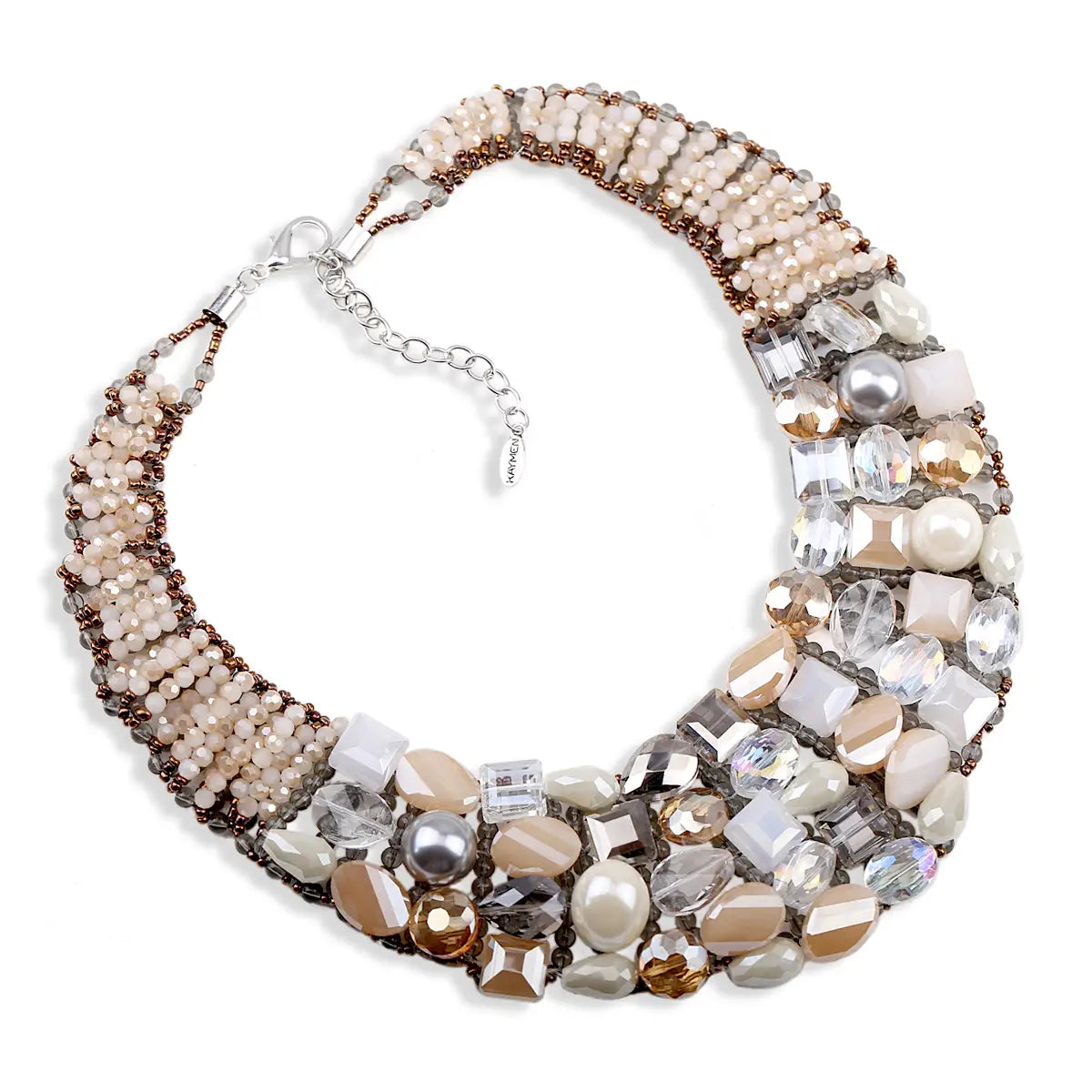 A crystal pearl statement choker necklace featuring layers of clear champagne and silver-toned crystals and pearls in an intricate beaded design with metallic accents.