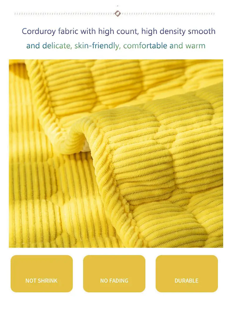 Housse de canapé antidérapante en velours côtelé matelassé jaune vif avec tissu texturé lisse à haute densité.