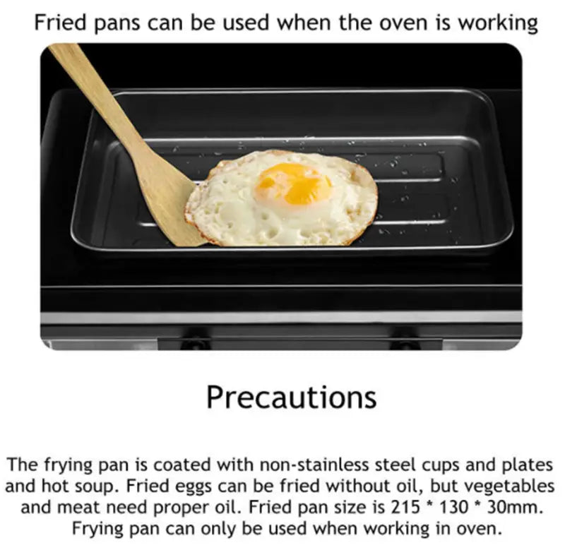 black rectangular oven-safe frying pan with non-stick coating and raised ridges beside wooden spatula in 3 in 1 breakfast station coffee maker and toaster oven setup with a perfectly fried egg