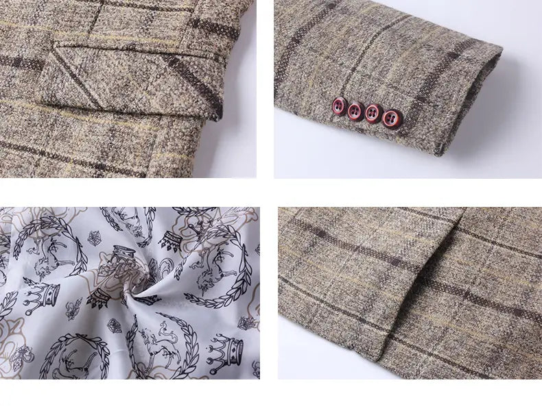 Veste de costume d’affaires en motif écossais pour homme, coupe slim, en laine beige et marron, avec des manchettes boutonnées assorties.