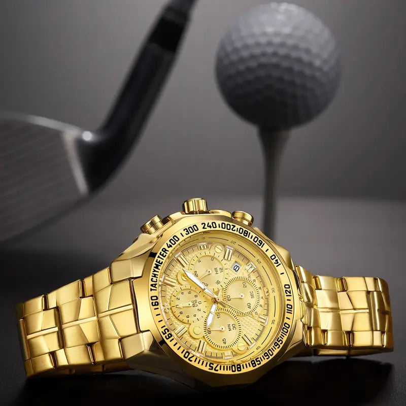 Gold-tone chronograph watch for men with a textured stainless steel bracelet and multiple subdials luxury timepiece.