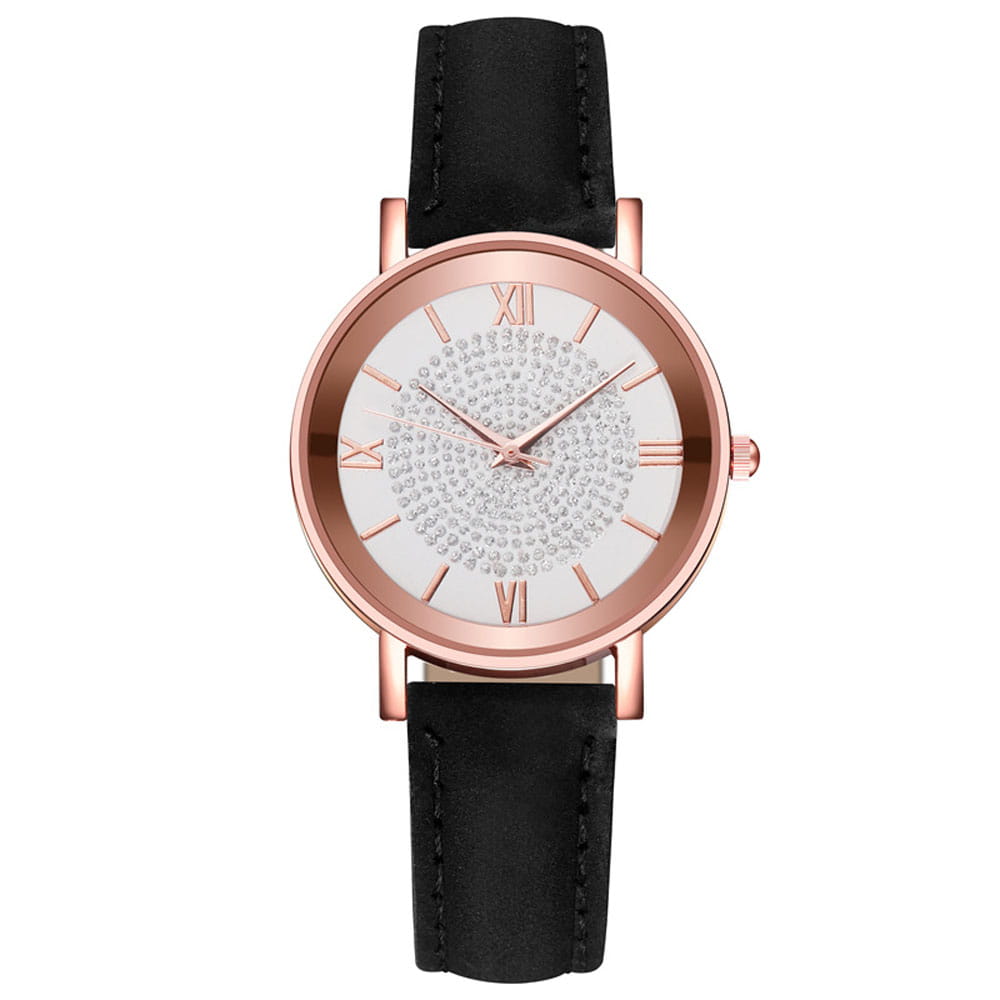 A rose gold crystal quartz women watch with a white face featuring sparkling crystals and roman numerals, paired with a sleek black leather strap.