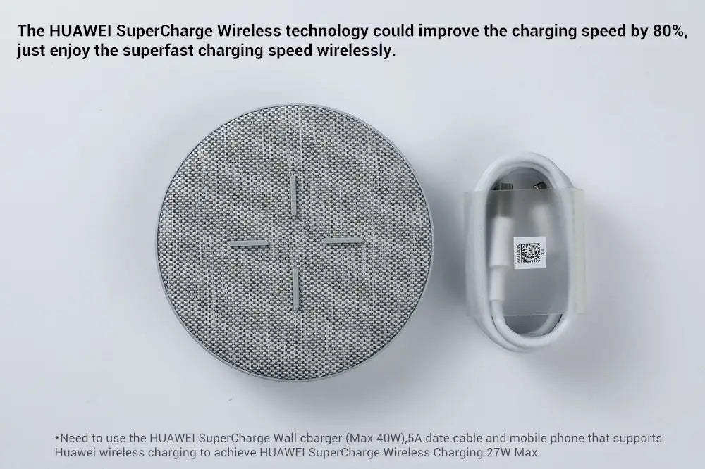 表面にさりげないクロス模様を施した、グレーのテクスチャ仕上げの円形 Huawei ワイヤレス充電器（最大27W）Qi対応のワイヤレス充電器（効率的なワイヤレス充電のために）。
