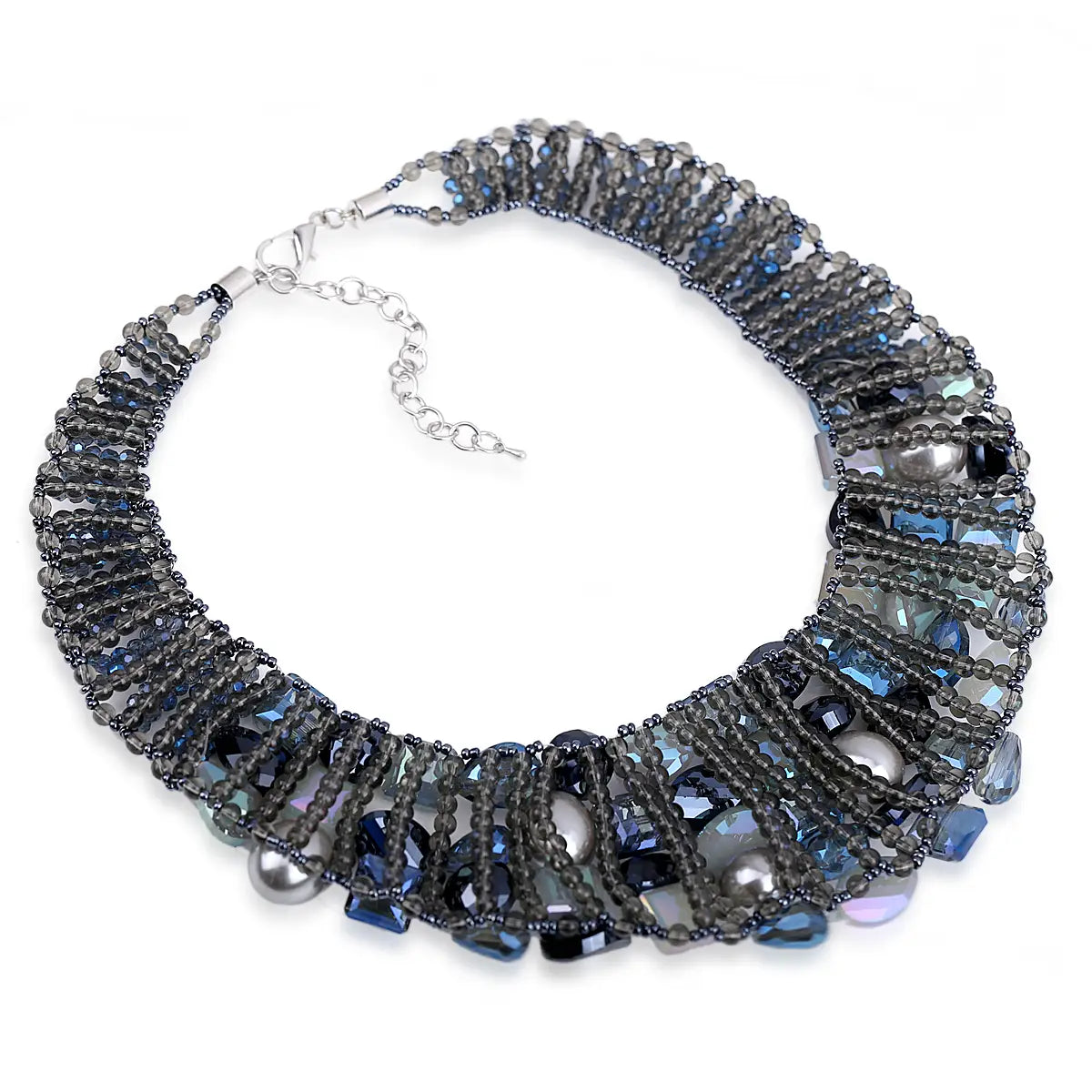 A crystal pearl statement choker necklace featuring intricate beading in dark gray and blue with faceted crystals and metallic spheres.