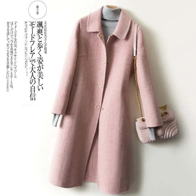 New Women Jacket Winter Woolen Coat Elegant Turn Down Collar Plaid Long Woolen Coat Single-breasted Warm Coat Casaco Feminino