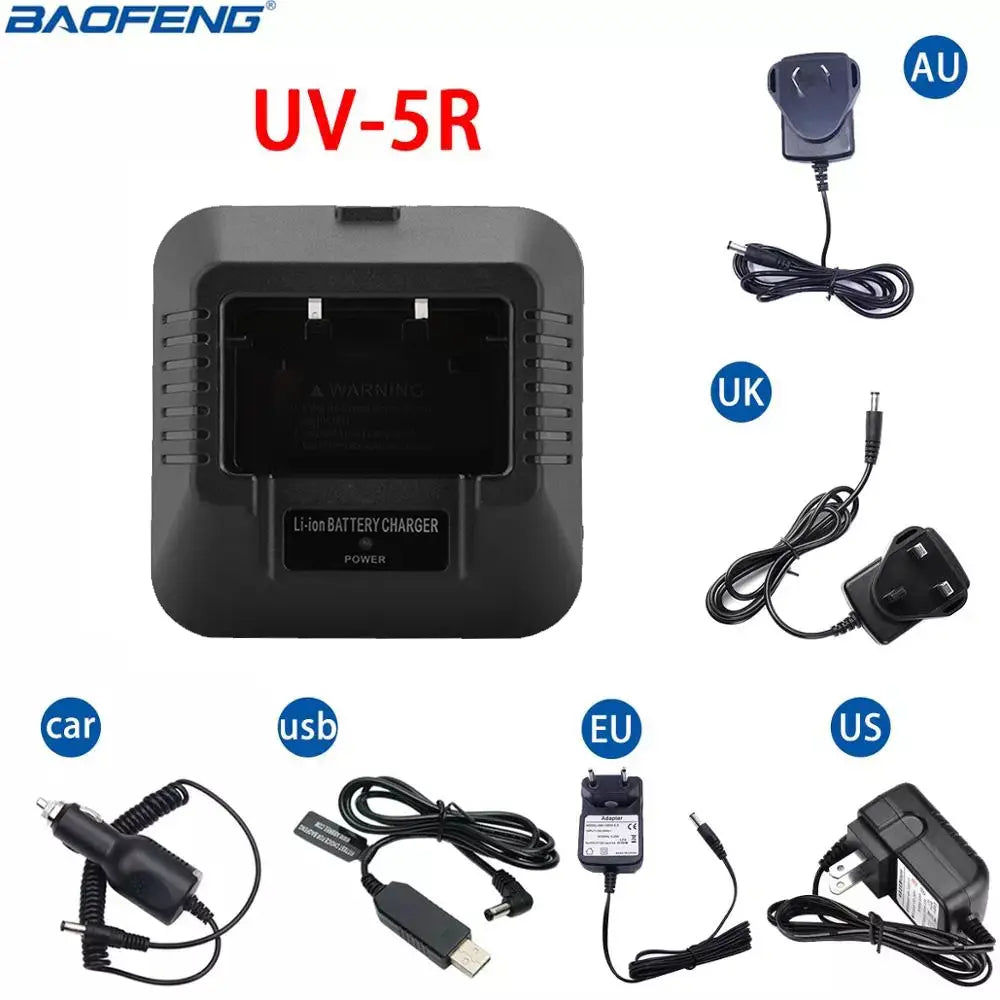 black baofeng uv-5r li-ion battery charger with multiple international power adapters for uv5r radios.