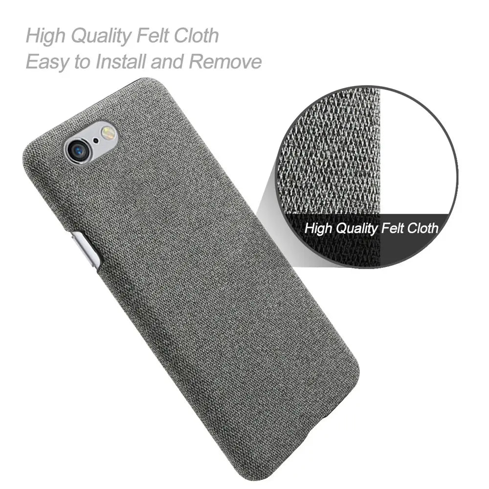 gray felt cloth iphone se 2016 fabric hard case with a textured woven pattern shown from the back side