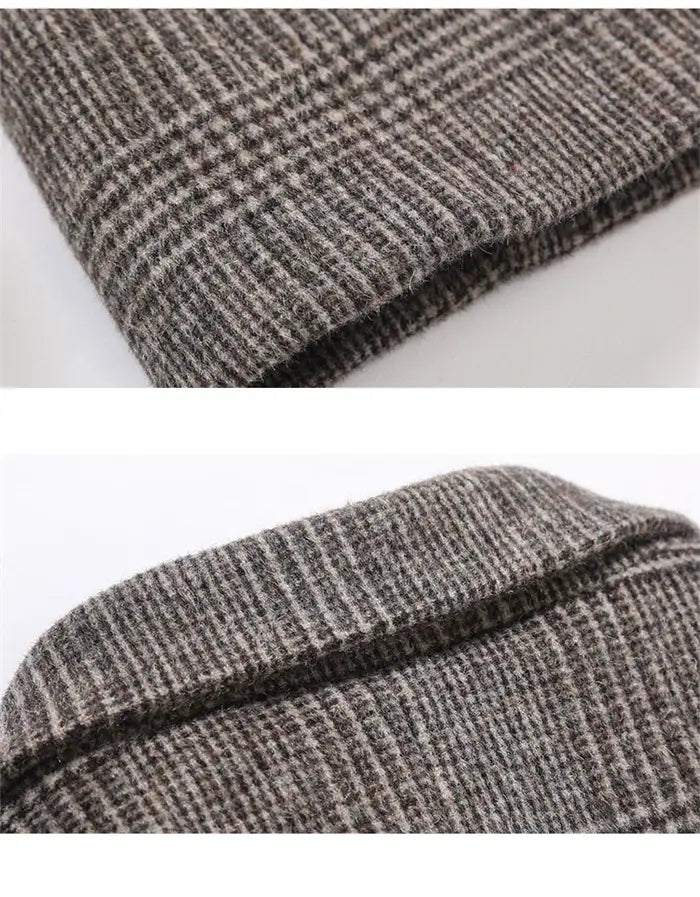 A cozy slim fit men’s wool plaid overcoat in a classic gray and white pattern designed for winter wear.