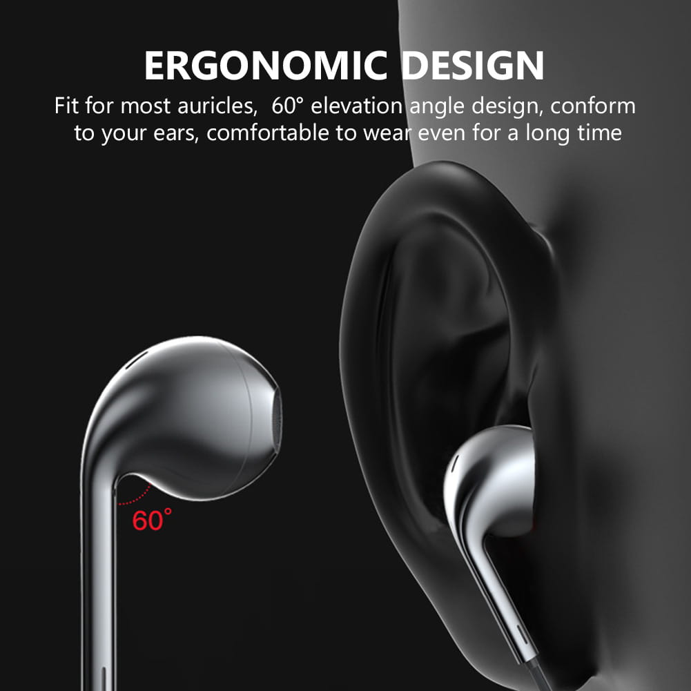 silver wired earphones with mic and bass stereo feature a sleek ergonomic design with a 60-degree elevation angle for comfortable long-term wear.