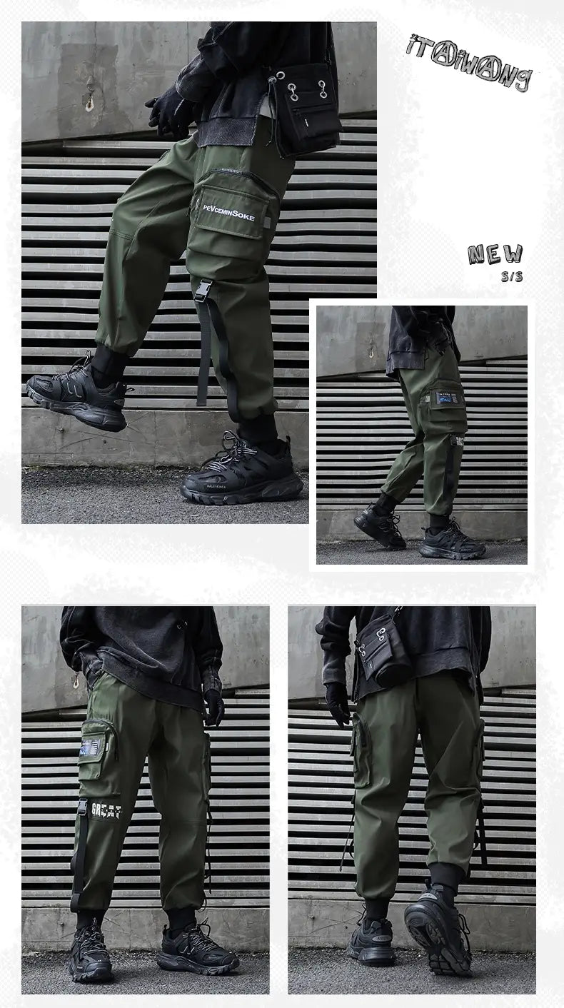 Herren schwarze taktische Cargo-Jogginghosen in Olivgrün mit mehreren Taschen und schwarzen Akzenten, entworfen für Streetwear.