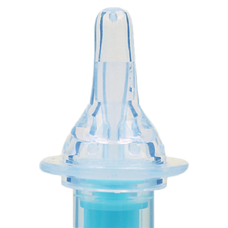 Transparenter blauer Silikon-Babysaugerflaschennippel mit verbreiteter Basis und gerippter Struktur für die Säuglingsmedikamentendosierer-Spritzen-Dosierpipette.