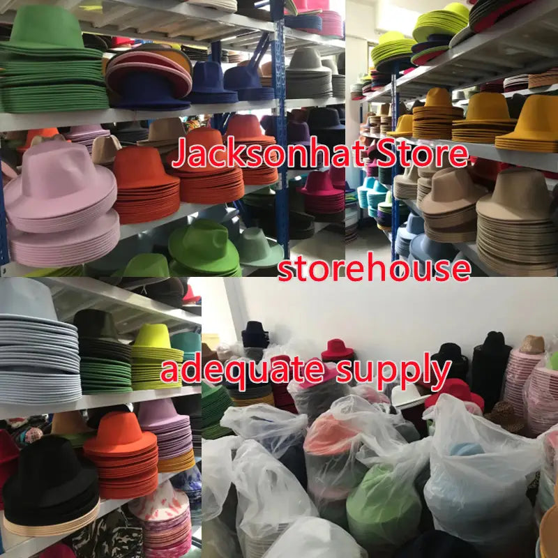 Stacks of unisex woolen felt fedora hats with feather accents in vibrant green pink orange and blue are neatly arranged on metal shelves at jacksonhat store.