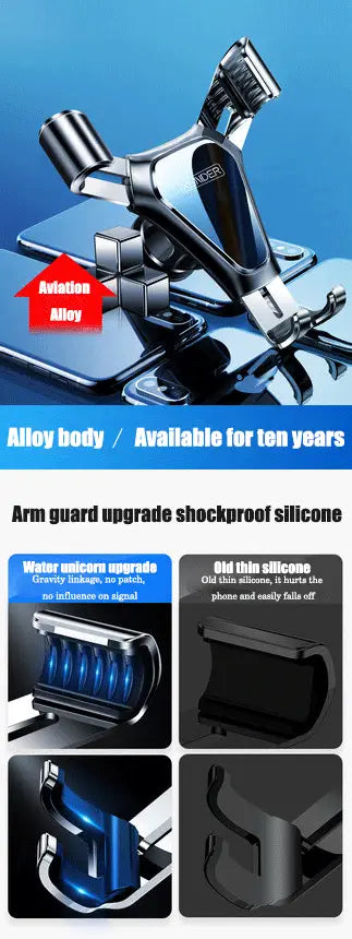 Protection de bras pour téléphone en alliage d’aviation argent et noir, avec silicone anti-choc pour une protection renforcée dans le support de téléphone de voiture sans fil Mg Rx5.