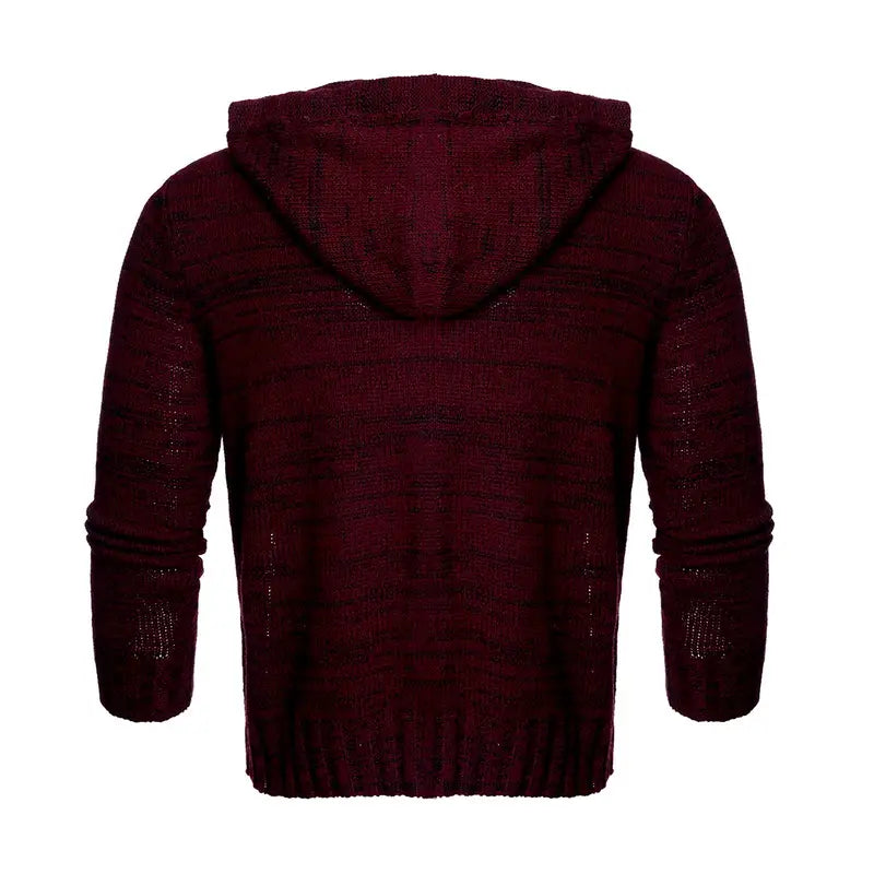 Weinroter, strukturierter Strick, figurbetonter Herrenpullover mit Kapuze, mit gerippten Bündchen und Saum