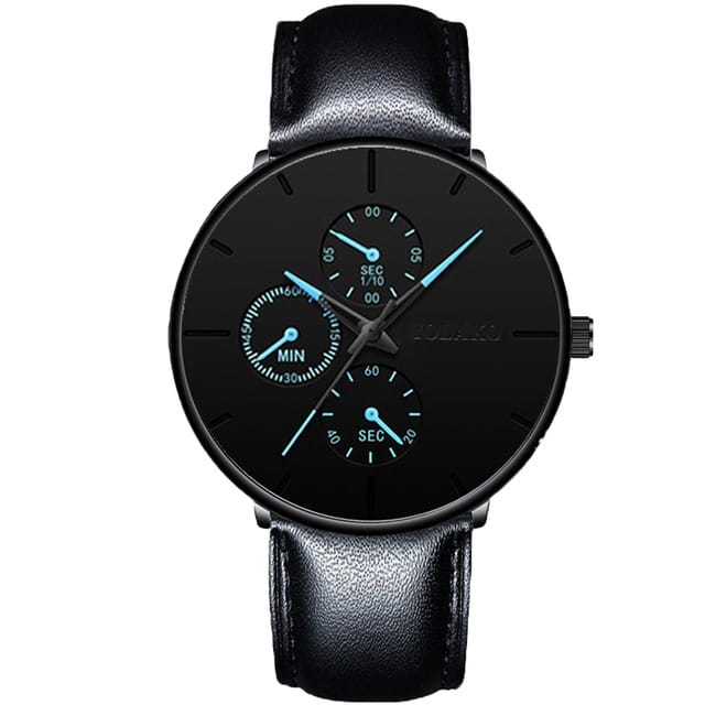 Montre à quartz à maille noire ultrafine pour hommes, avec un bracelet en cuir noir et un cadran noir élégant, comprenant trois sous-cadrans et des aiguilles bleu clair.