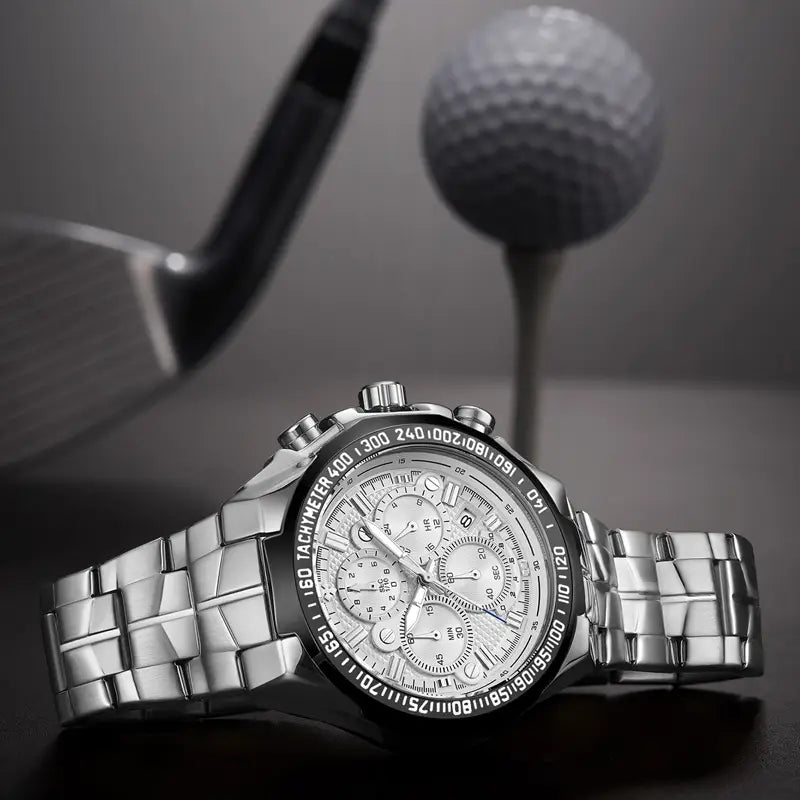 Gold chronograph watch for men featuring a silver-toned stainless steel case with a multi-dial face and tachymeter bezel for luxury timekeeping.