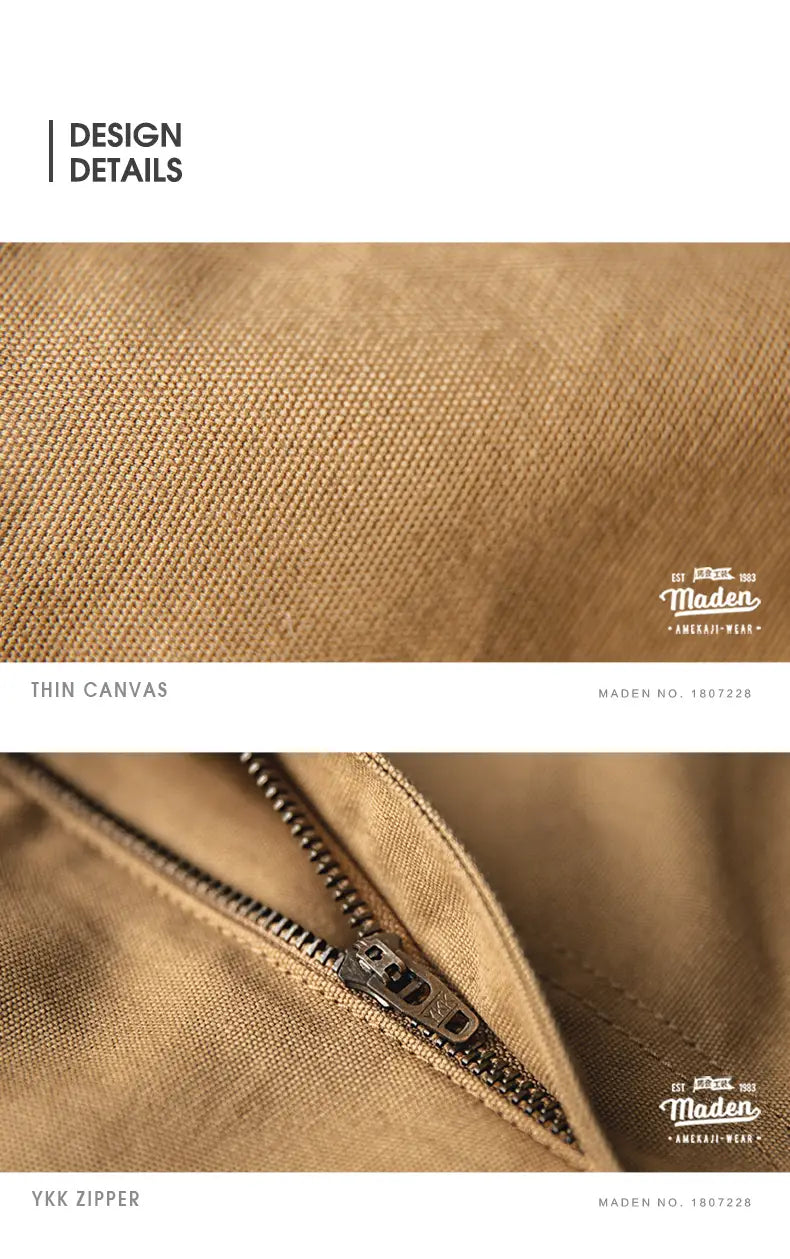 Sac en toile fine beige, muni d’une fermeture éclair YKK, présenté sur les salopettes de travail vintage en toile beige Maden.