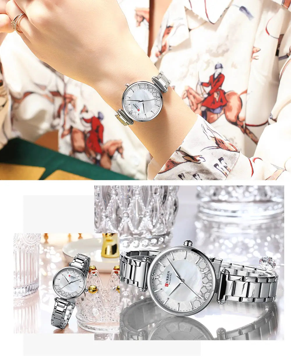 Silver-toned stainless steel Curren women luxury thin quartz watch with white dial and decorative hour markers.