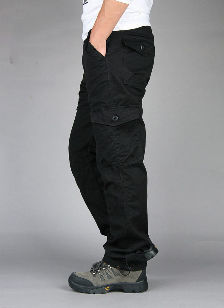 Men tactical cargo pants made of black cotton featuring multiple pockets and button closures for work use.