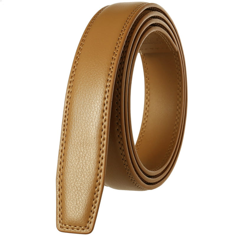 Sangle de ceinture en cuir véritable pour homme de 3,1 cm en beige (tan), avec une surface texturée et une couture précise le long des bords.