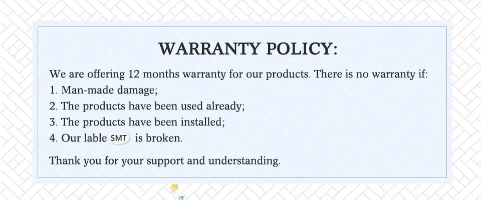 Light blue warranty policy document with black text on white background accompanying the iphone 16 plus replacement back cover glass highlighting shipping fee details.