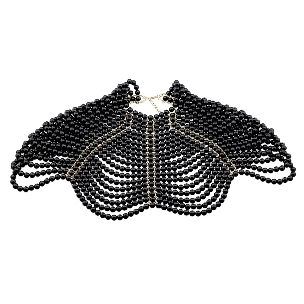 Collier ras du cou en perles noires avec un fermoir délicat à chaîne argentée, présenté comme faisant partie de la collection de colliers de mode en chaîne corporelle de perles.