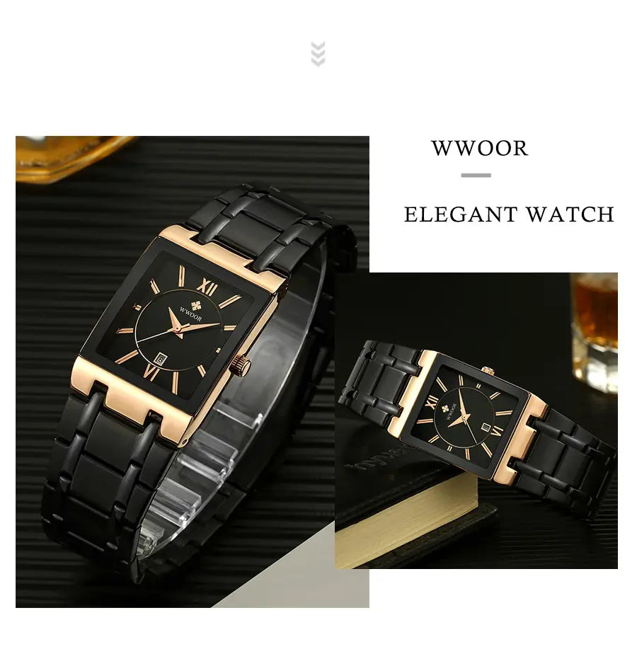 Black and rose gold rectangular Wwoor elegant watch with a sleek ceramic band in a luxury stainless steel design.