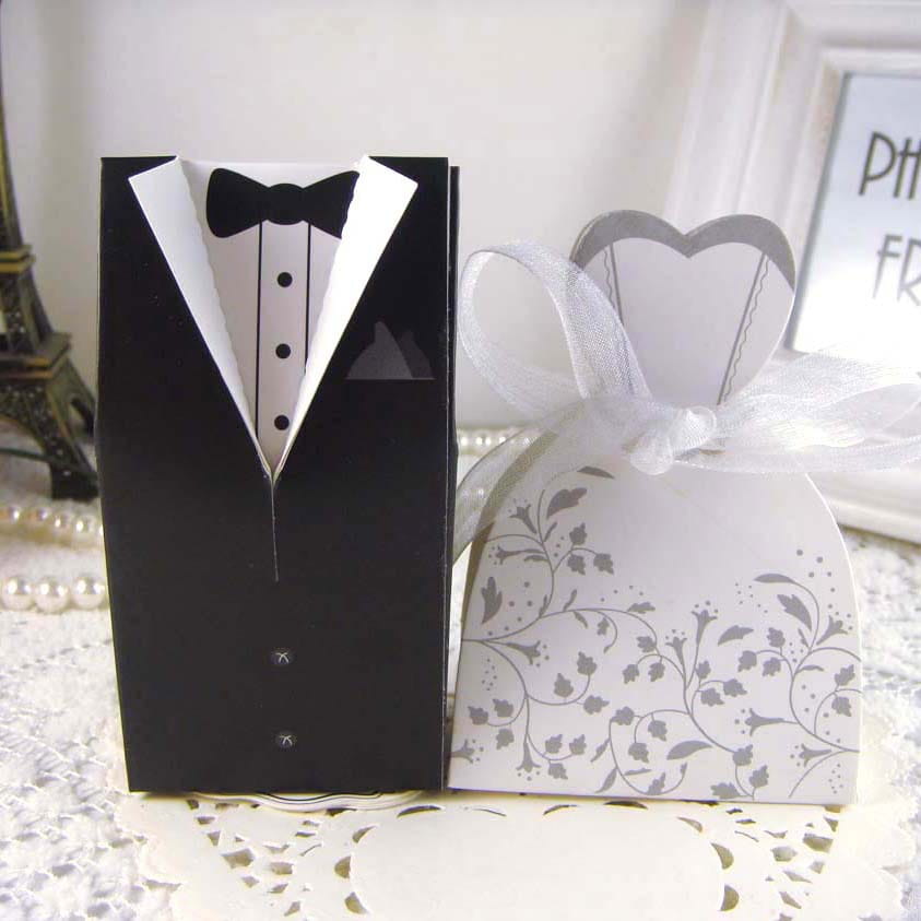 Black paper tuxedo-shaped wedding favor box with white collar black bow tie and silver button details from bride and groom wedding favor candy boxes 30 pcs set.