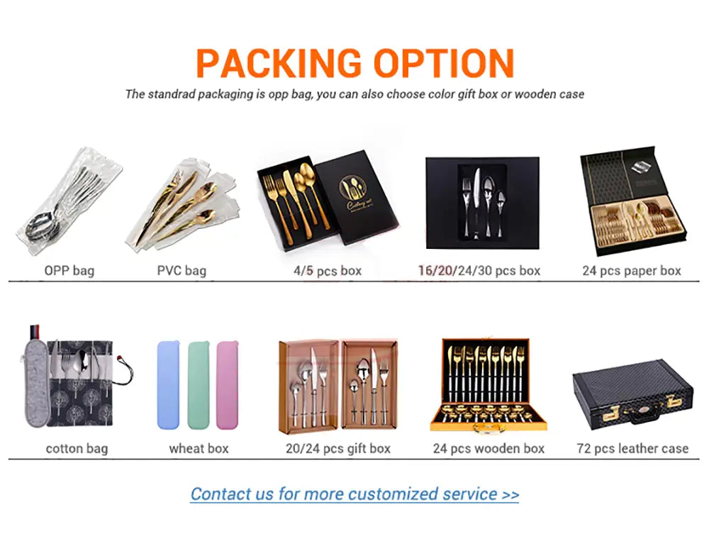 Gold-colored stainless steel cutlery sets with mirror finish flatware displayed in elegant black gift boxes and wooden cases.
