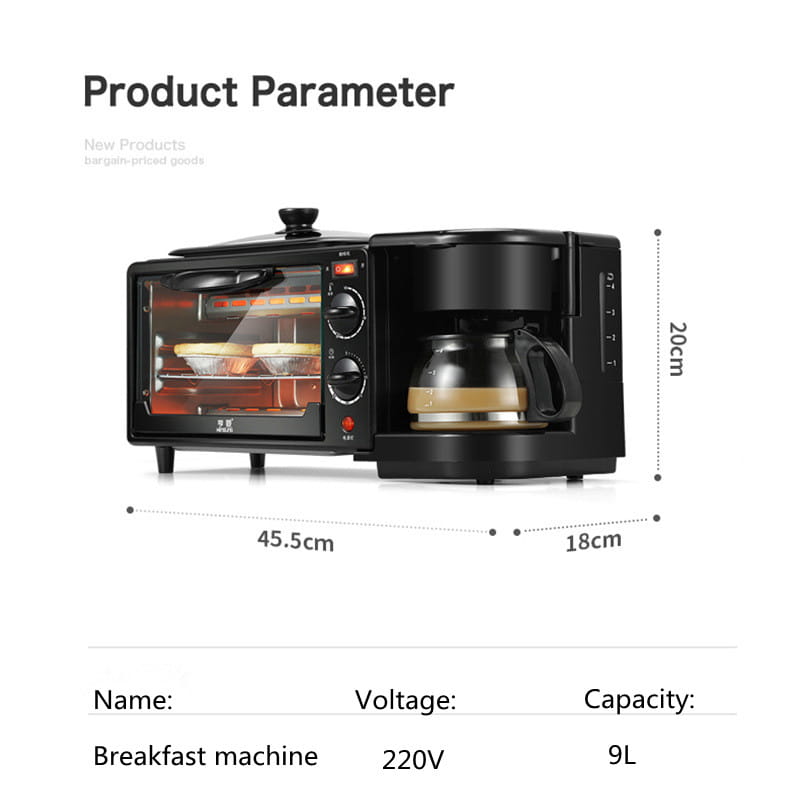 Black multifunctional 3 in 1 breakfast station with integrated toaster oven and coffee maker featuring a glass carafe on the right side.