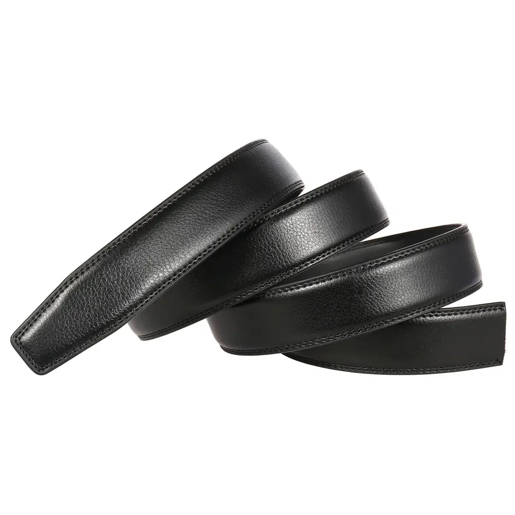 Sangle de ceinture en cuir véritable pour homme de 3,1 cm en noir, présentant une surface lisse légèrement texturée et une couture précise le long des bords.