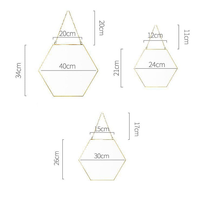 Gold-toned hexagonal hanging planters with a geometric minimalist design featured as gold hexagonal wall hanging mirror.