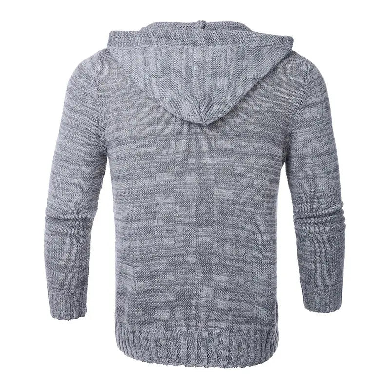 Figurbetonter Herren-Strickpullover mit Kapuze aus grauem strukturiertem Strick mit gerippten Bündchen und Saum