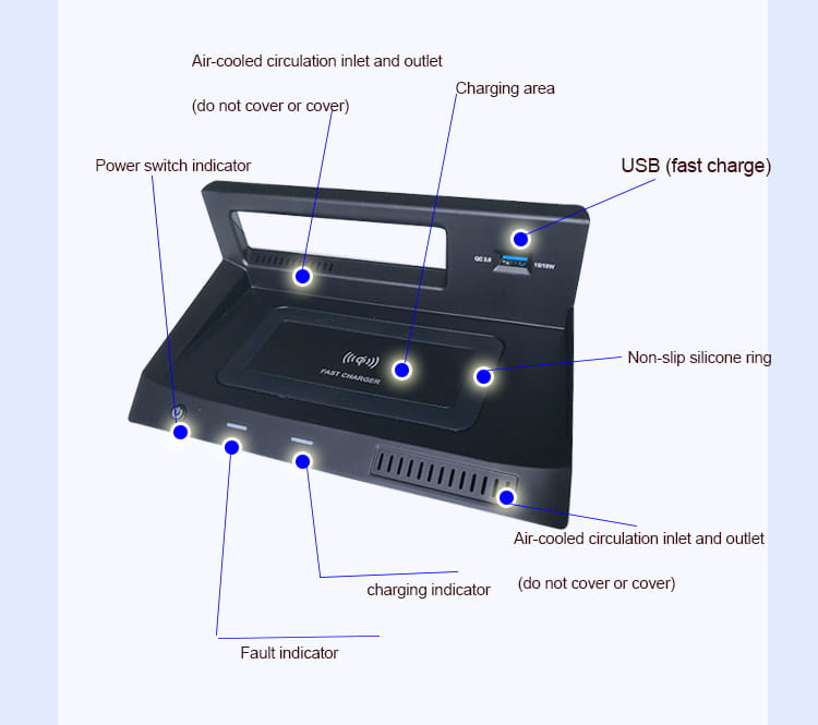 Cargador inalámbrico para automóvil Volkswagen Tiguan de plástico negro con asa, puerto de carga rápida por USB y anillo de silicona antideslizante para una carga inalámbrica segura