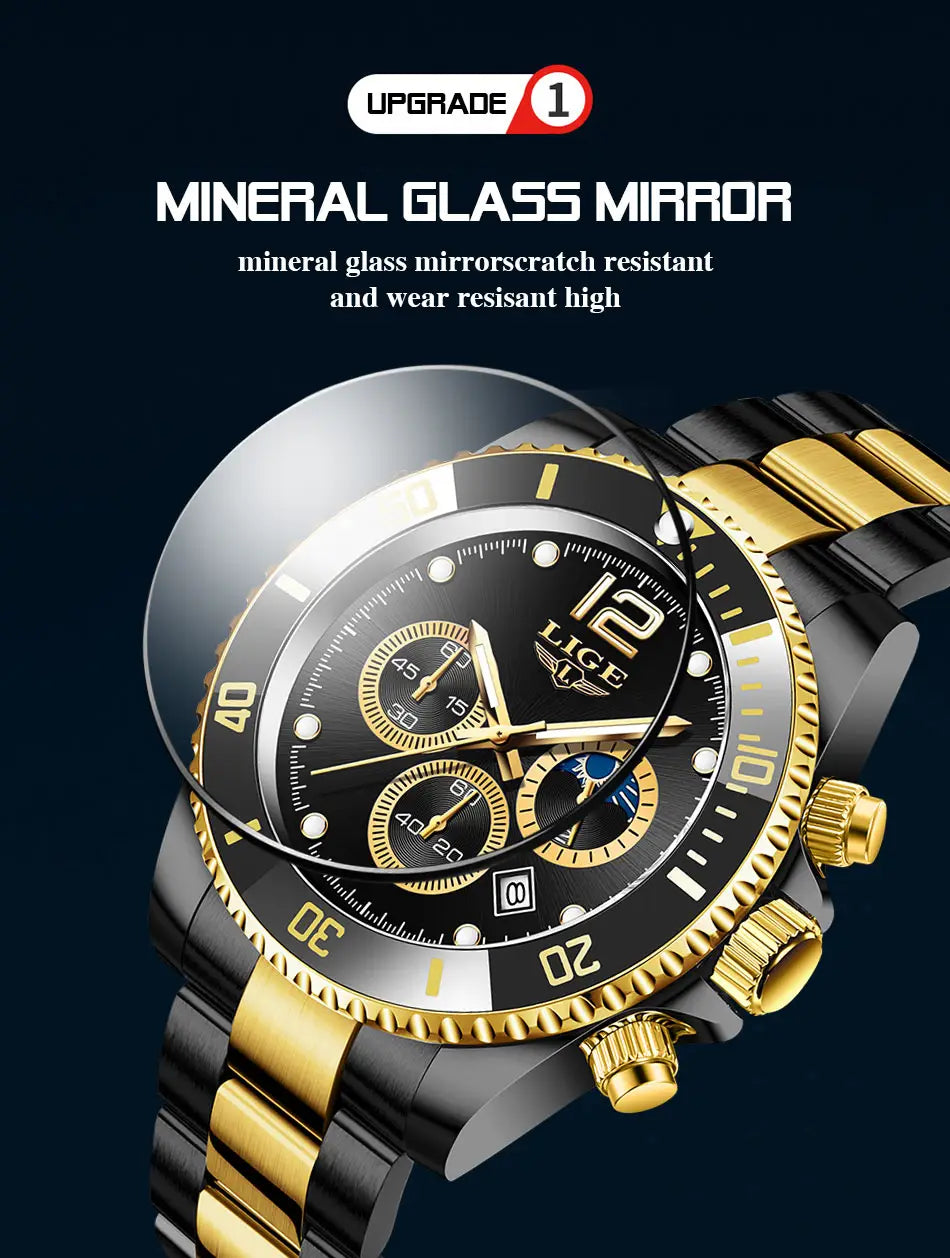 Montre chronographe bicolore noir et or Lige, or vert, avec un cadran à miroir en verre minéral et un bracelet noir.