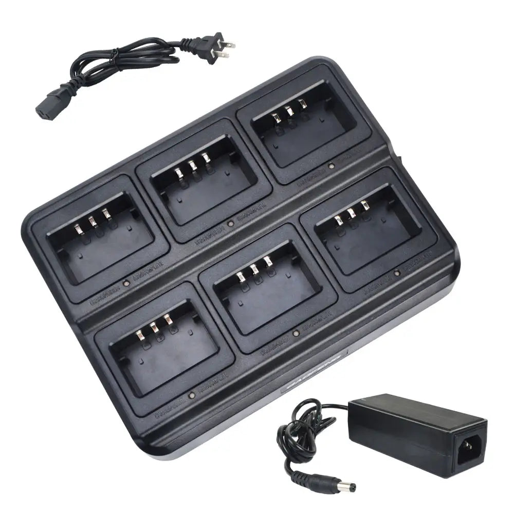 Black plastic bl-5x6 six way rapid walkie talkie charger with six slots and included power adapter for uv-5r batteries.