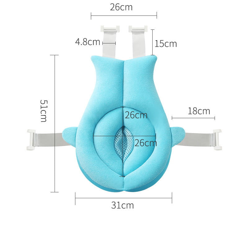Light blue plush foldable newborn bath mat and cushion with adjustable safety harness straps and a central mesh panel for secure bathing.