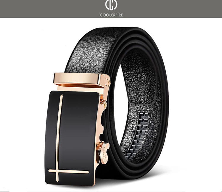 Men automatic leather belt in black with a sleek rose gold-toned automatic buckle featuring a minimalist cross design.