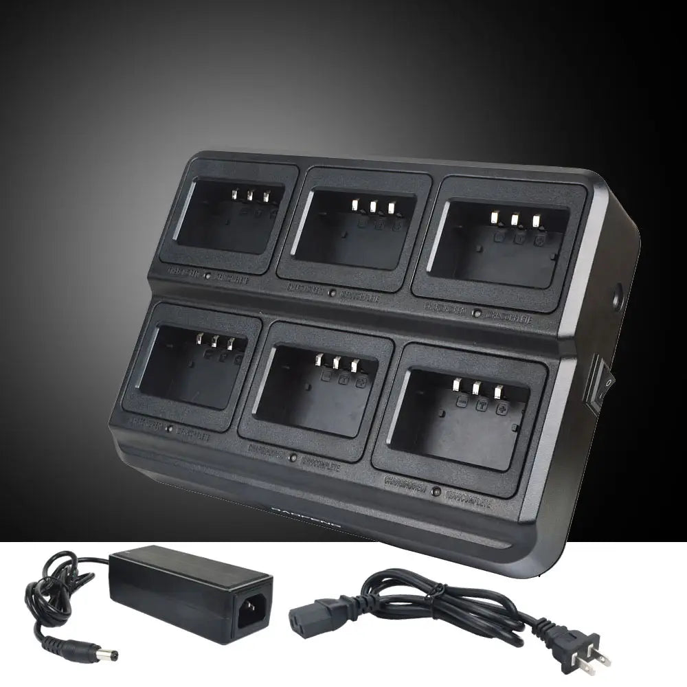 black plastic bl-5x6 six slot rapid walkie talkie charger with matching power adapter and cord for uv-5r models