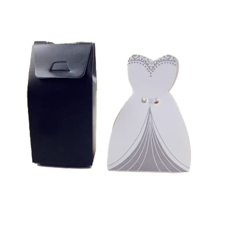 White wedding dress-shaped gift box with silver lace detailing and two metallic buttons at the bodice, part of bride and groom wedding favor candy boxes 30 pcs set.