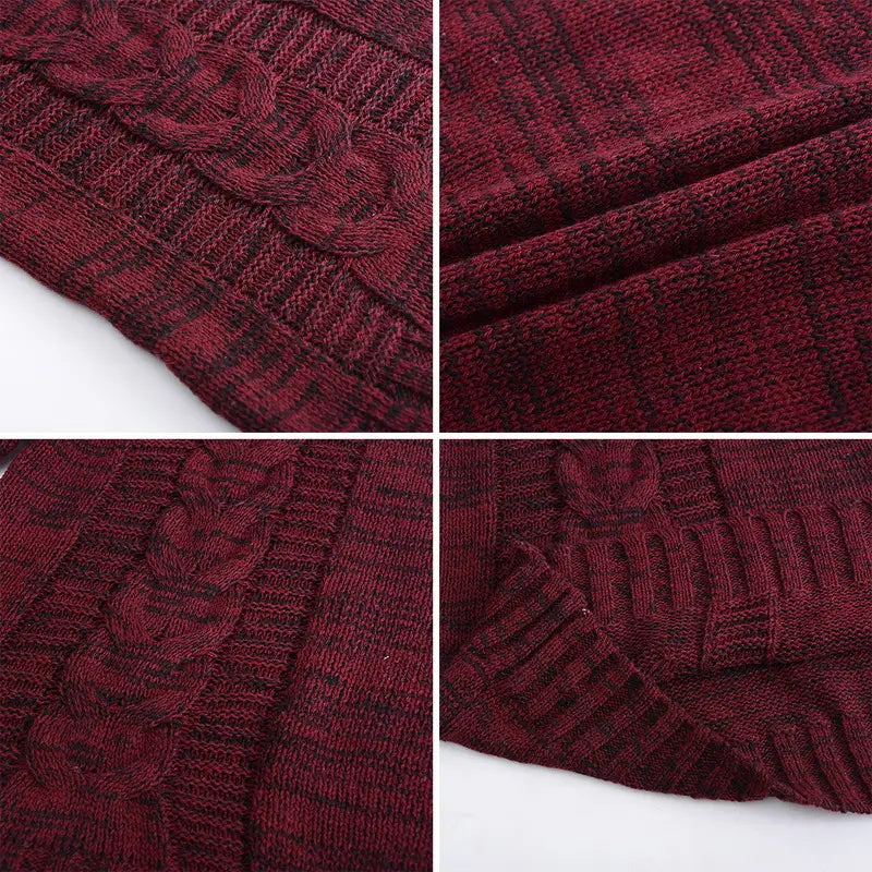 Figurbetonter Herren-Strickpullover mit Kapuze aus weinrotem und schwarzem Zopfstrick mit strukturiertem, geripptem Saum.