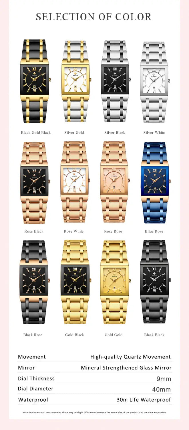 A sleek rectangular Wwoor Blue Square women watch with a polished stainless steel band and a minimalist dial available in black gold silver gold rose gold and blue rose color combinations.