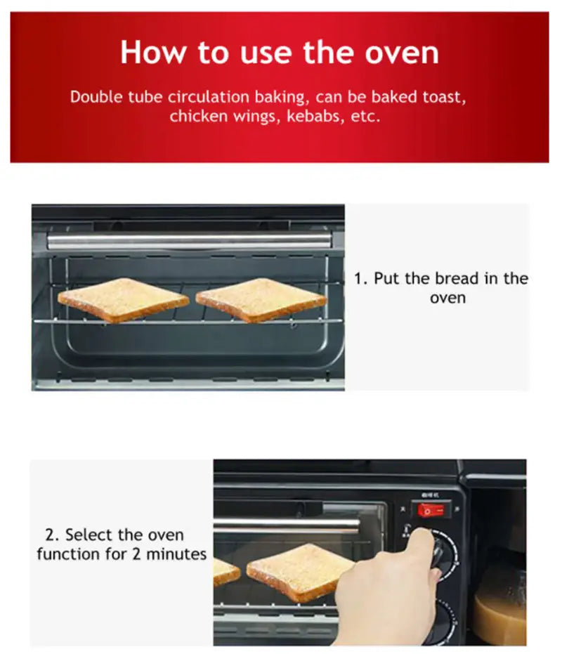 black countertop toaster oven with a red power button and rotary dial control panel in a 3 in 1 breakfast station coffee maker and toaster oven designed for multifunctional kitchen use