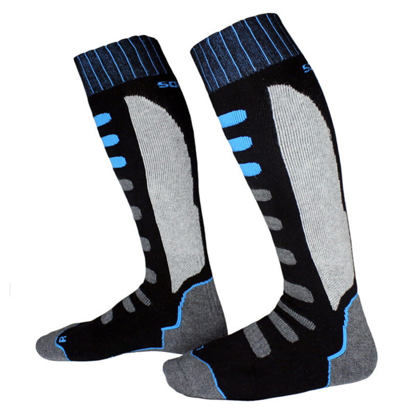Chaussettes de ski thermiques en coton épais noir gris et bleu clair, avec bord-côte et panneaux renforcés, pour les sports d’hiver en famille