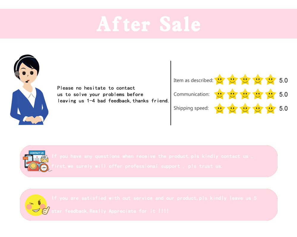 Pink after sale service graphic featuring a cartoon customer support agent and star ratings for item description, communication, and shipping speed for zircon geometric rings women gold color stainless steel.