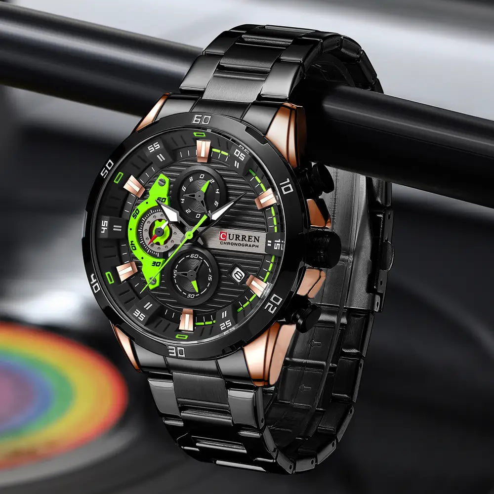 Curren men black green chronograph stainless steel watch featuring a black and rose gold design with a bold green accent on the dial.