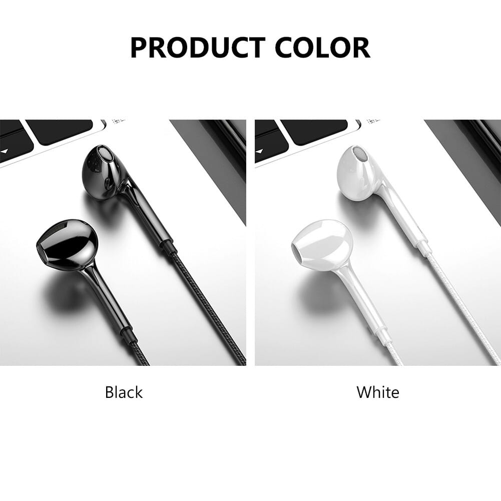 Black and white wired earphones with glossy plastic earpieces, braided cables, and bass stereo sound with mic.
