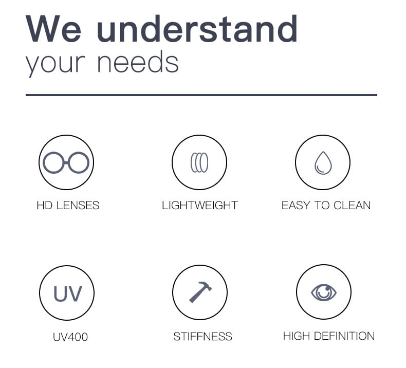 The image shows six circular icons highlighting hd lenses, lightweight design, easy to clean, uv400 protection, stiffness, and high definition features of square gradient sunglasses for women in brown and gold.