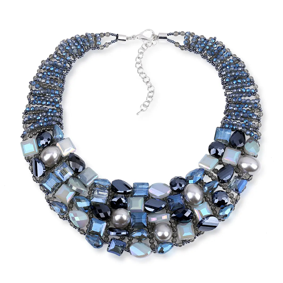 Crystal pearl statement choker necklace featuring layered strands of blue and silver crystals pearls and metallic beads with a sleek silver clasp.