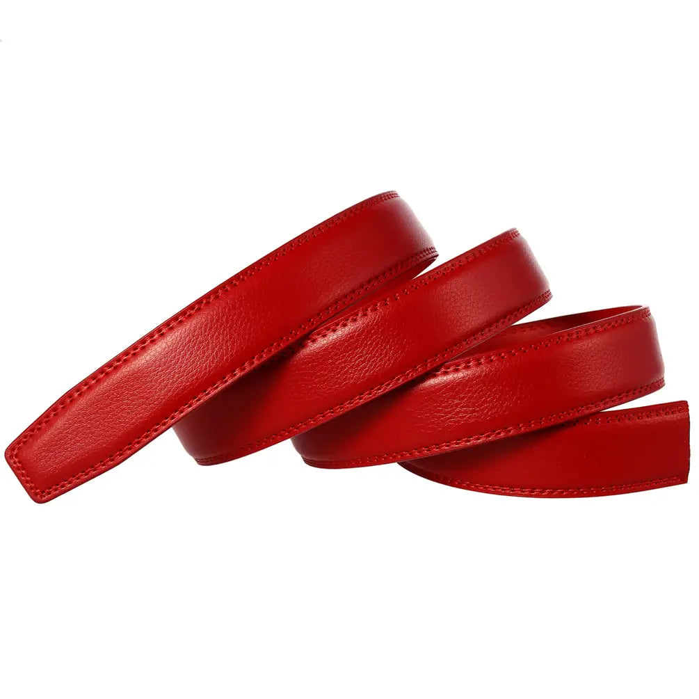 Sangle de ceinture en cuir véritable rouge vif pour homme de 3,1 cm, avec texture lisse et couture précise le long des bords.